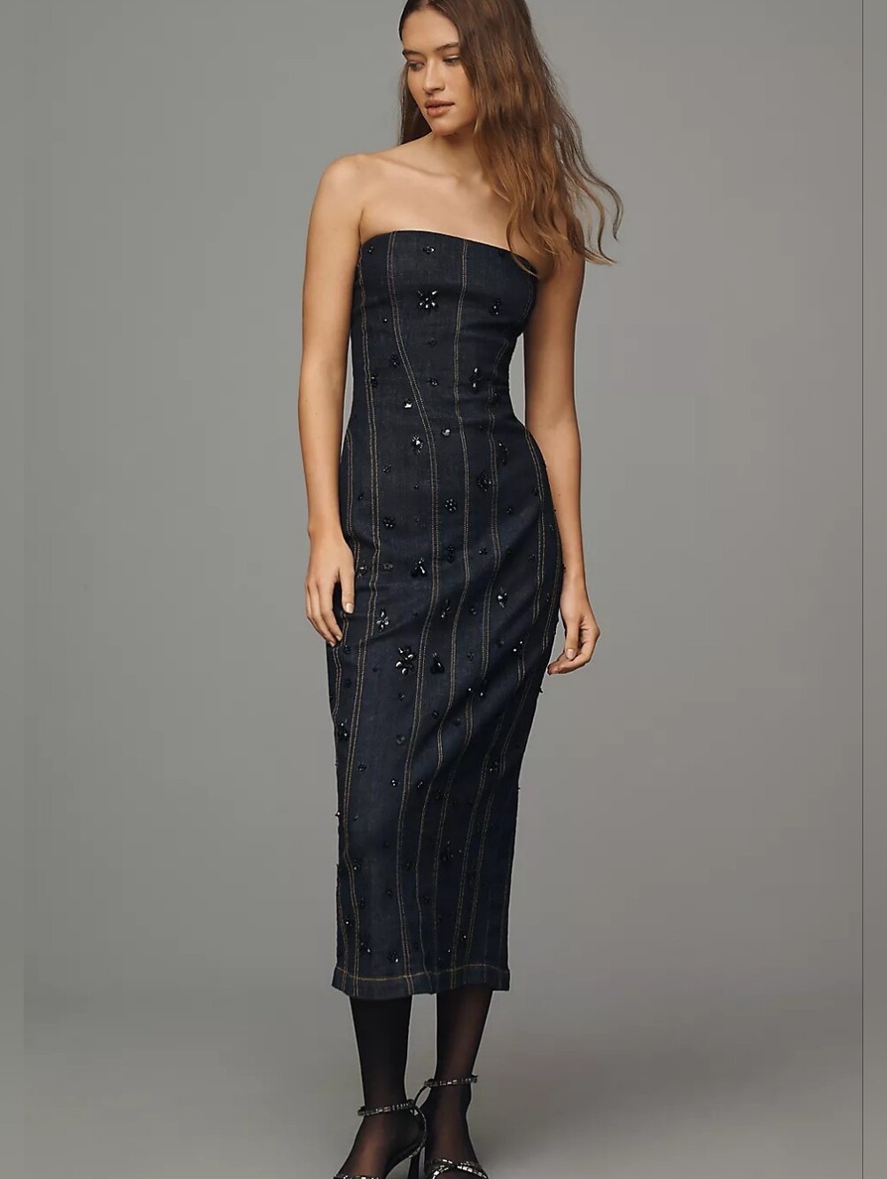 🖤💋✨ Anthropologie Strapless Dark Blue Beaded Denim Dress